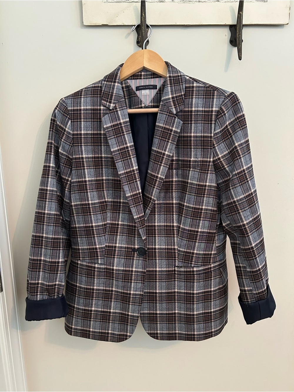 Tommy Hilfiger Plaid Blazer Gray Brown Navy Preppy Women’s Size 10